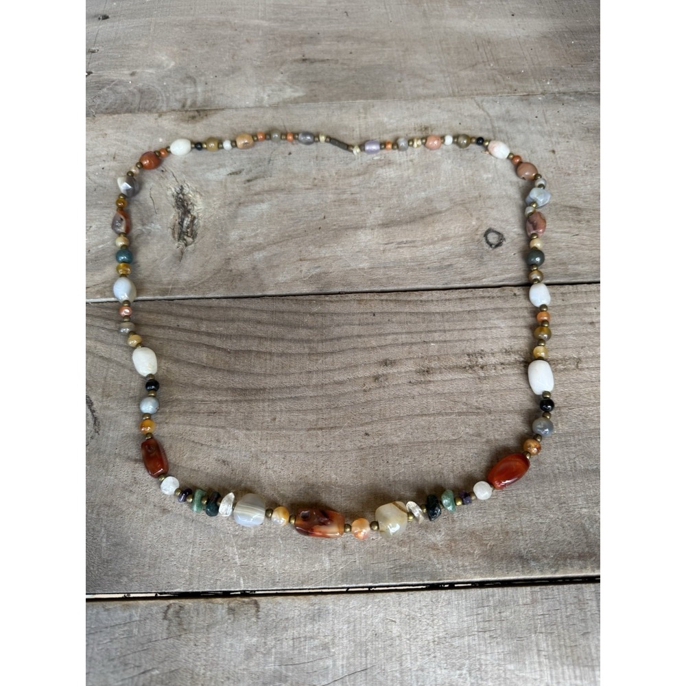 Vintage Stone Beaded Necklace Long Unique Natural Polished Stones‎